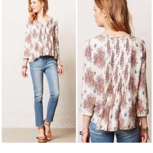 Anthropologie Top Vanessa Virginia Mahdia Floral Cream Swing Blouse Size 8